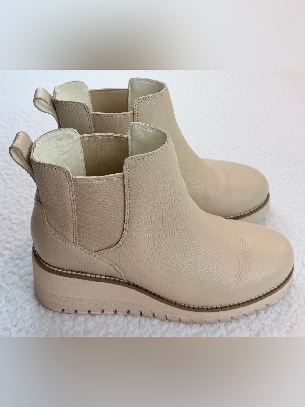 COLE HAAN • Zerogrand Beige/Cream Pebble Leather Chelsea Wedge Ankle Booties, 7 - Picture 7 of 16